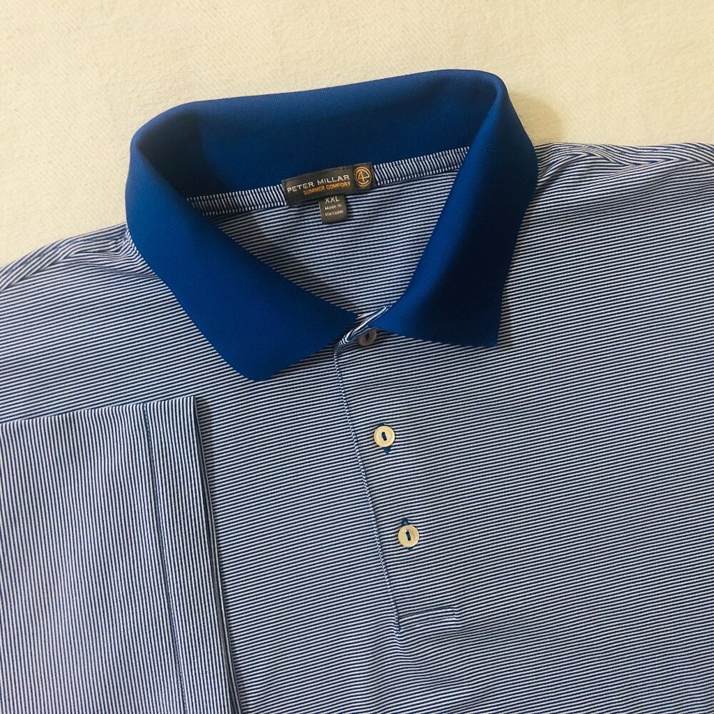 Peter‎ Millar Summer Comfort Men's Size 2XL Blue Striped Golf Polo Shirt